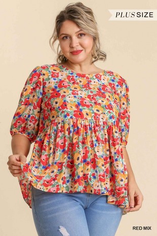 1731 Red floral print baby doll top