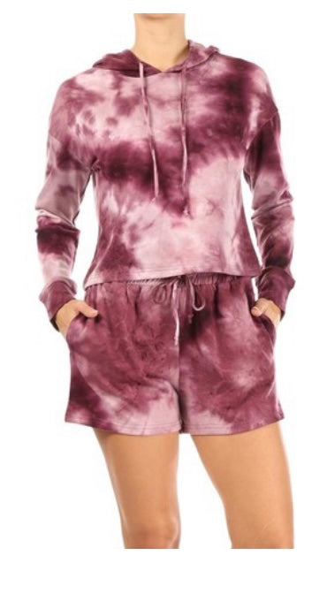 1197 Burgundy long sleeve crop top and short set