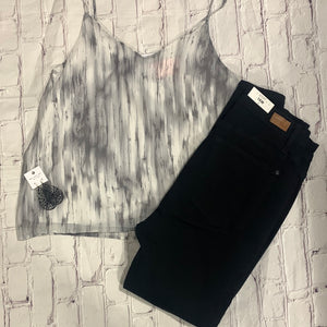 1293 White and Grey sleeveless vneck abstract print tank