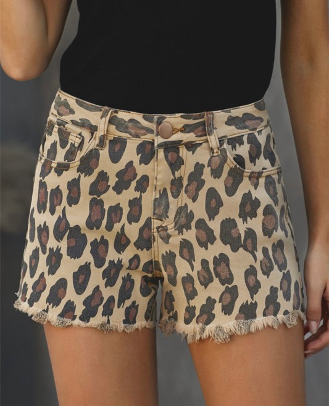 1257 Leopard print freyed hem denim shorts