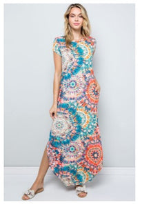 1313 Short sleeve maxi dress, teal and orange