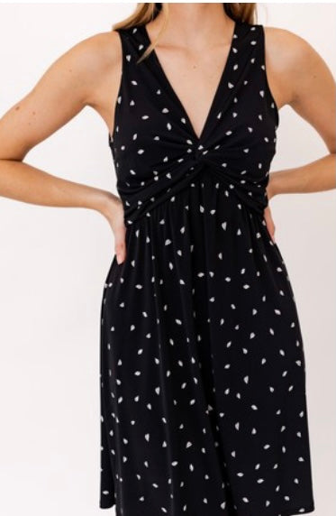 1248 Black and Ivory sleeveless front twist mini dress