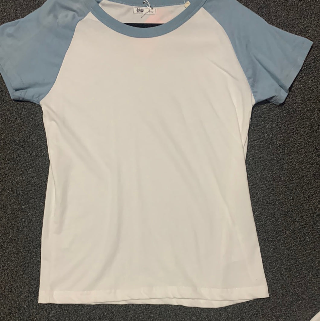 998 White tee w/light blue color block sleeve