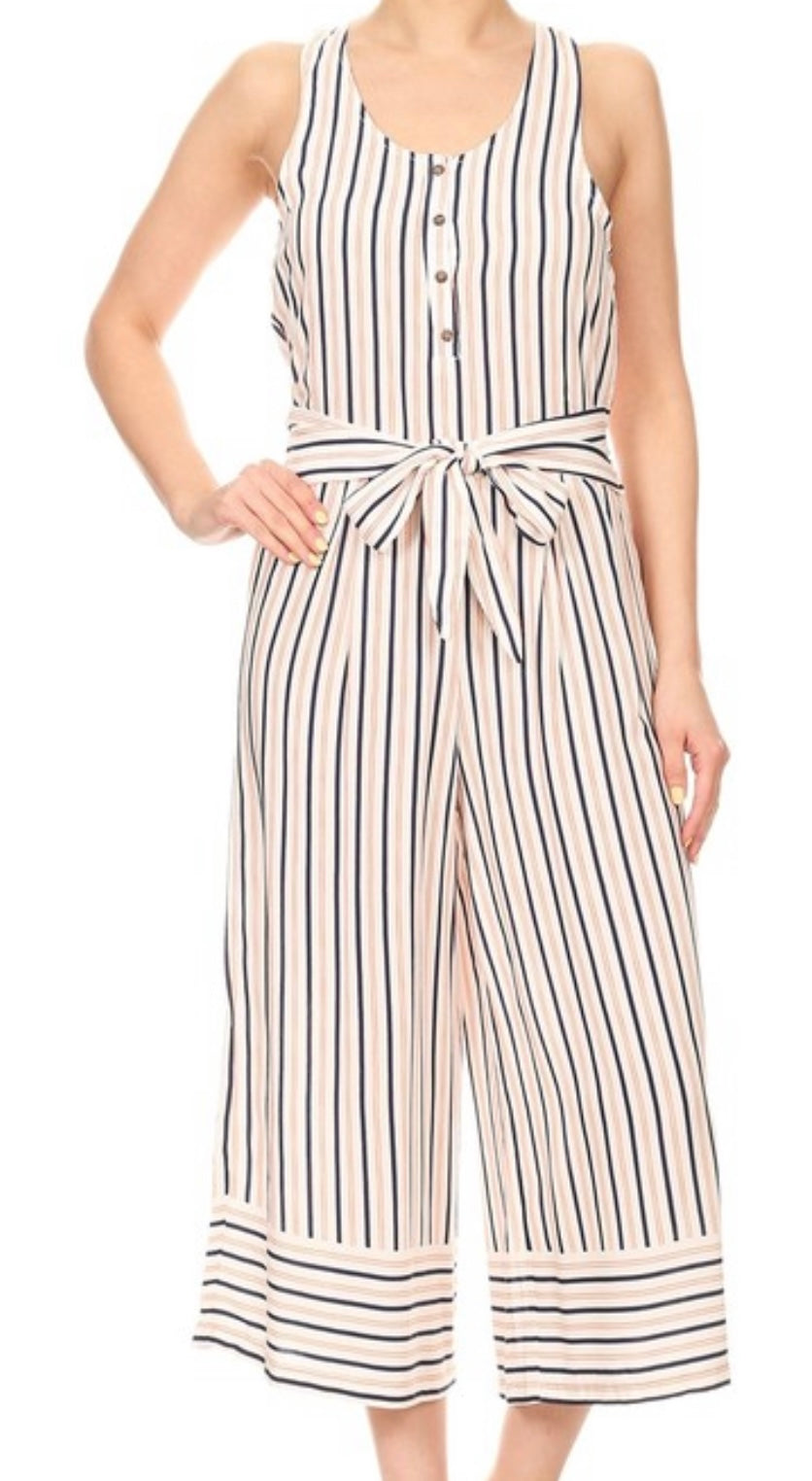 1214 White and navy button tank jumpsuit