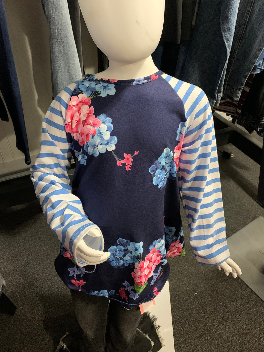 259 Navy floral with stripes and ruffle sleeve